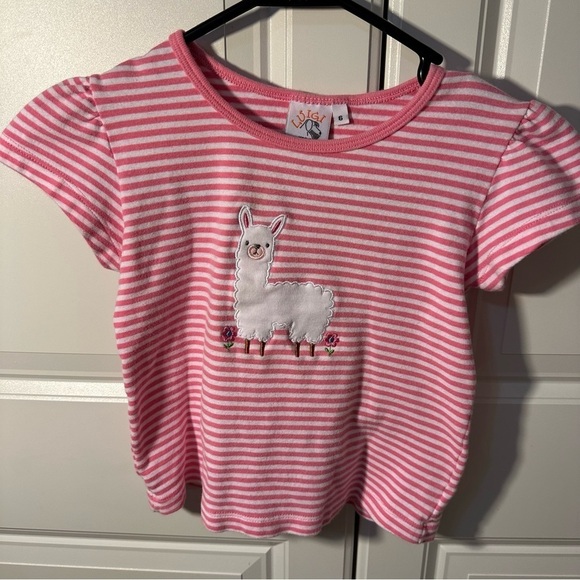 Other - Llama embroidered appliqué size 6 white pink stripe girls short sleeve tee